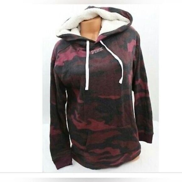 Pink Vs camouflage red bling sequin Sherpa Hoodie hooded sweatshirt jacket Large - Picture 2 of 7